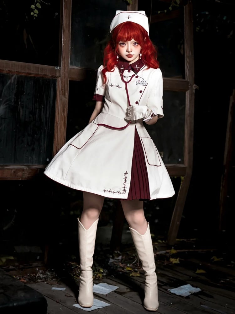 White and Red Halloween Costume Nurse Lolita Dress Full Set