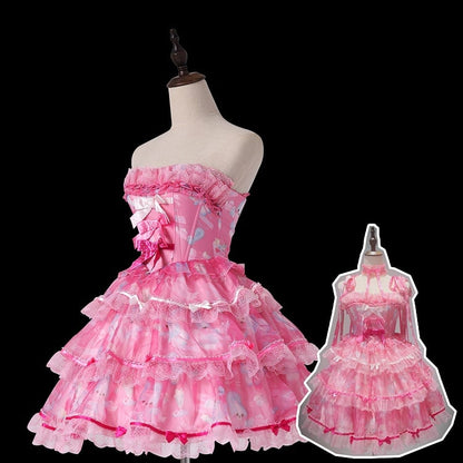 Cute Bunny Satin Bows Decorated Tiered Skirt Pink Boning Dress