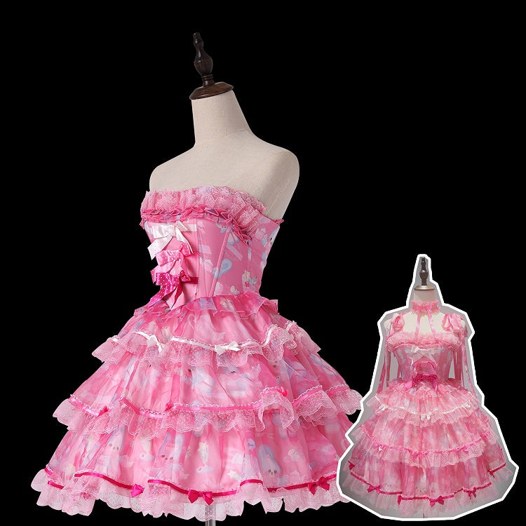 Cute Pink Lolita Accents Bow Bunny Boning Satin Print Dress