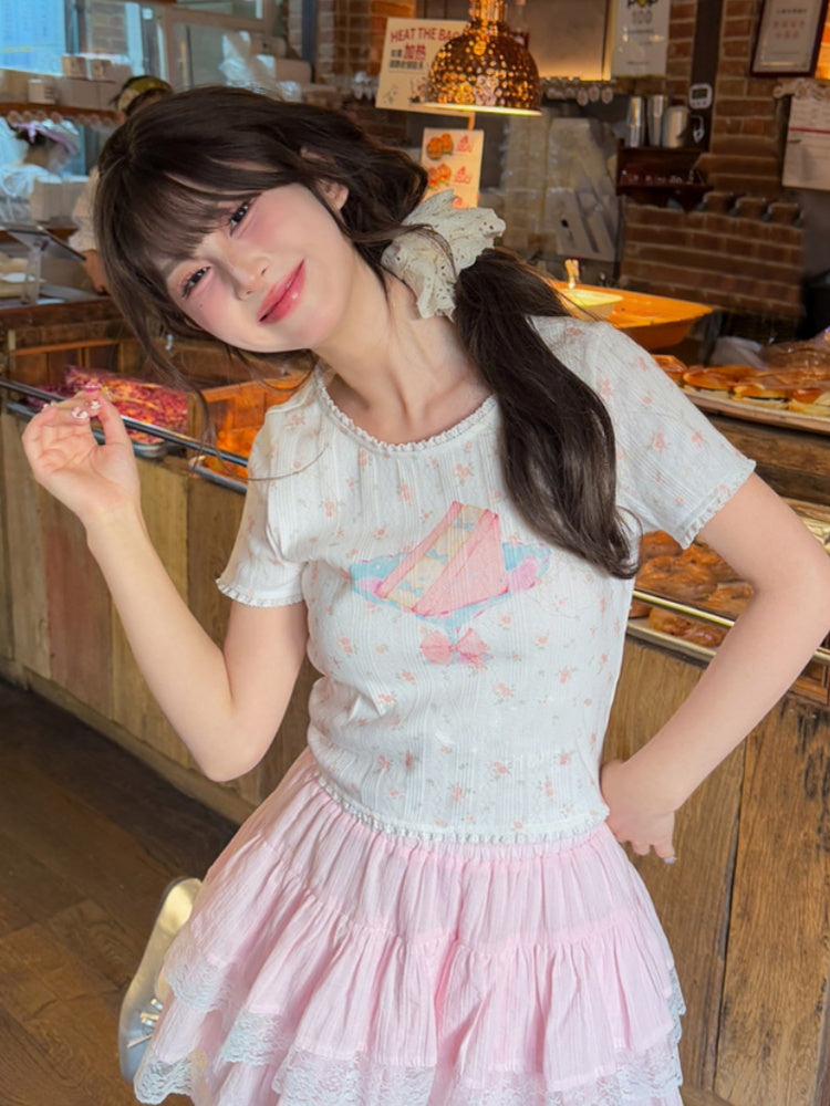 Lace White Cake Print Trim Sweet Floral T-Shirt