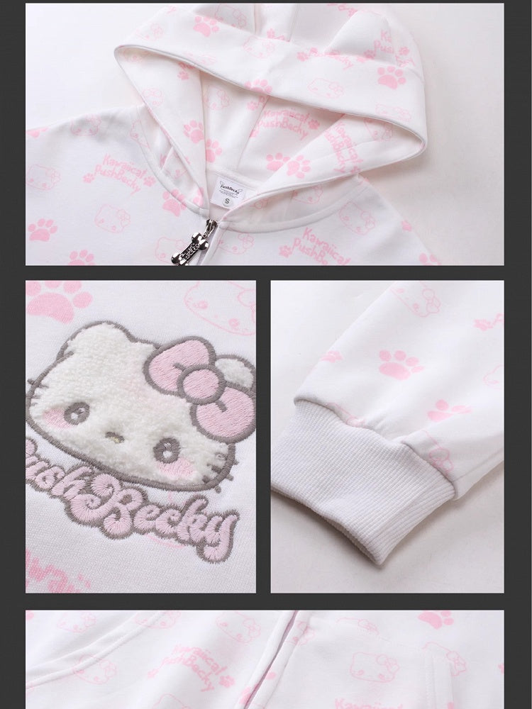Black/Pink/Light Blue Kitties Allover Print Zip Hoodie