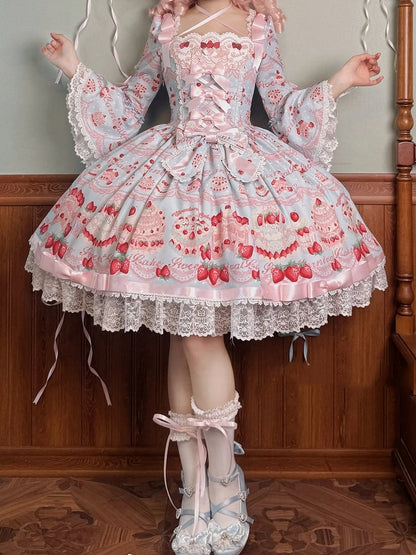 Blue Lolita Dress Bell Cake Piece Long Strawberry Sleeves One Sweet Print
