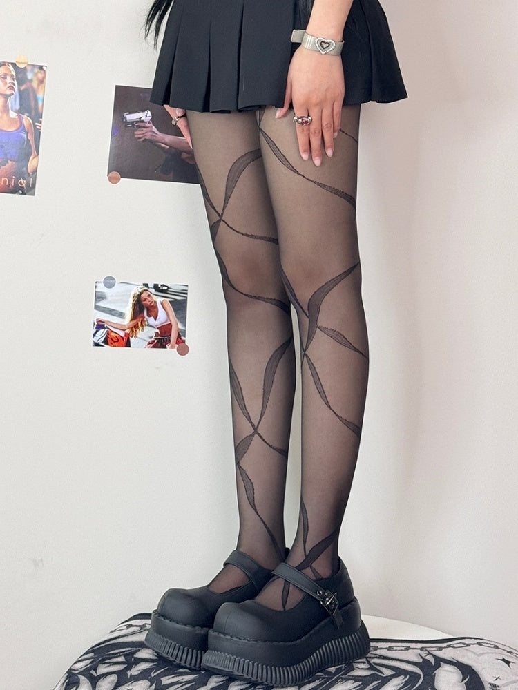 Ribbon Print Tights Black/Whiye/Brown/Gray