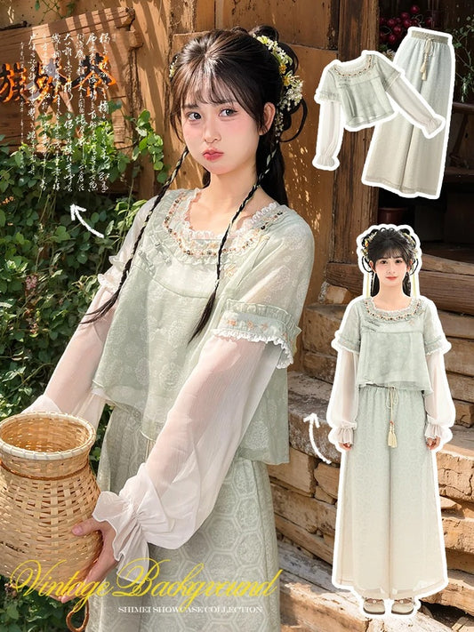 Green Jacquard Cheongsam Knot Buttons Chiffon Top Embroidery Style Floral Neckline