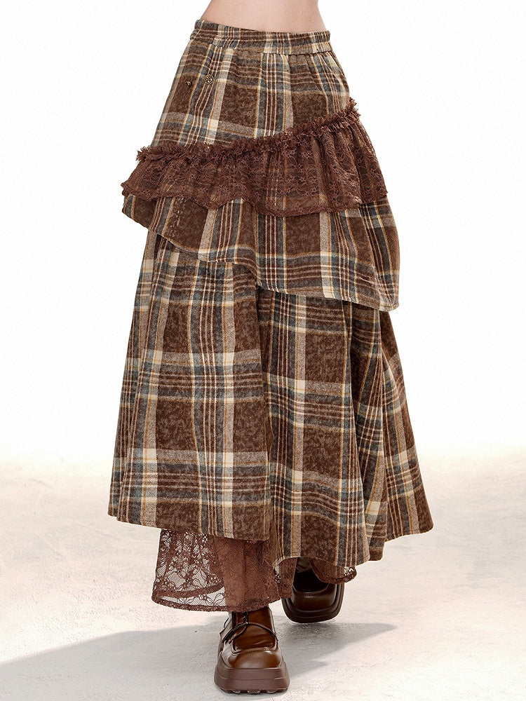 Brown Plaid Shirring Waist Lace Patchwork Skirt