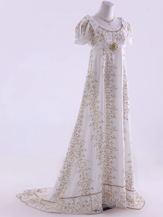 White Empire Waist Floral Elegant Lolita Maxi Dress Floor Length Version