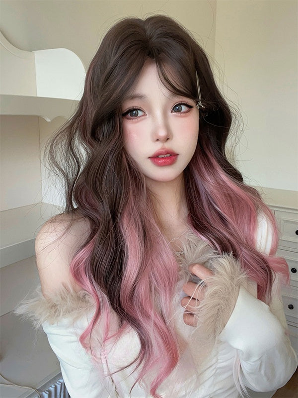 Pink-black Ombre Long Wavy Synthetic Wig With Curtain Bangs