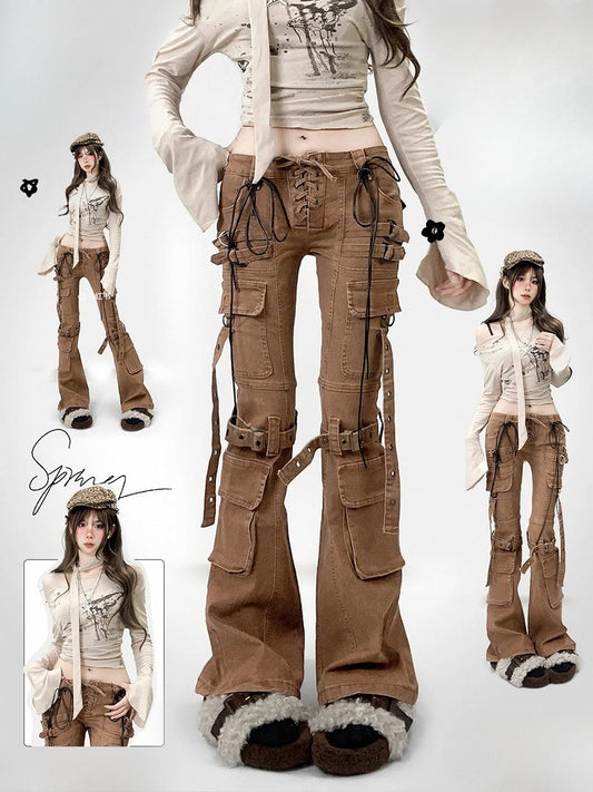 Wasteland Silhouette Flare Lace-up Jeans Punk Detail Brown Coffee