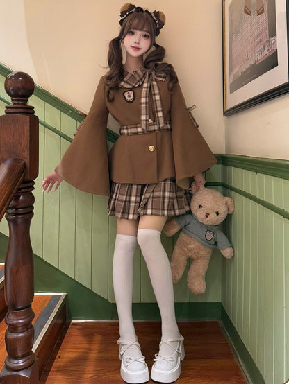 Coffee Preppy Style Bell Sleeves Jacket with Plaid Bow Accent + Coffee Plaid Pleated Skirt Set