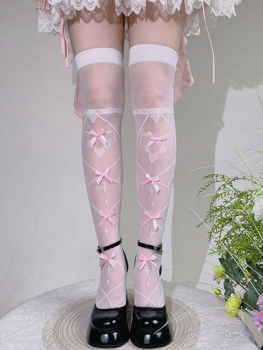 Bas semi-transparents au-dessus du genou avec nœud blanc et rose