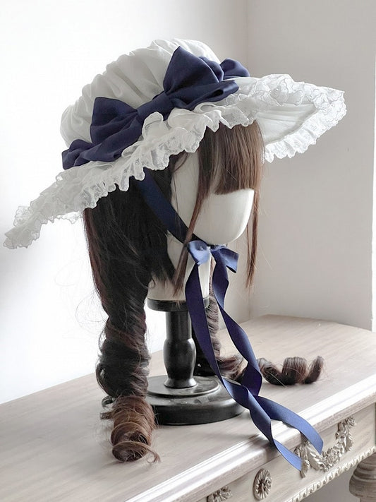 Sweet Lolita Hat with White Lace Trim and Dark Blue Bow