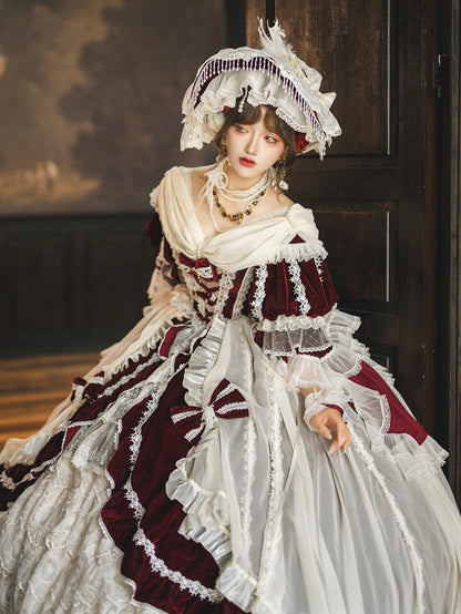Rüschen High-Low Lolita Rot Schimmerndes Samtkleid Kaskadierendes Hanayome und Weiß