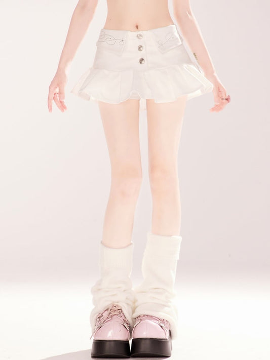 Mini Skirt Rhinestones Embellished Foldover Waist White