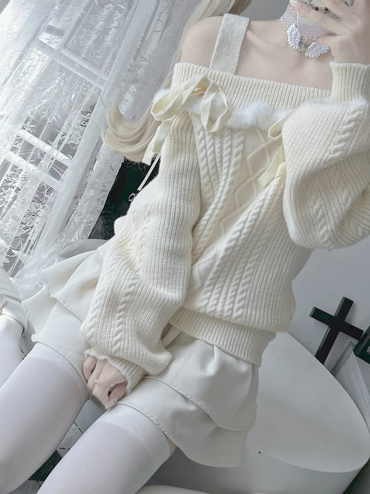 Jirai Kei Beige Off-shoulder Bow Accents Landmine Style Sweater