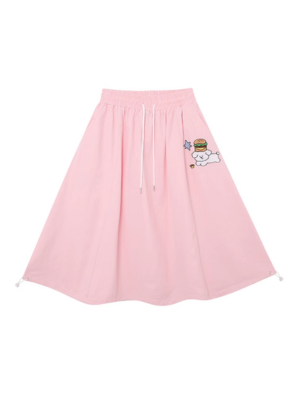 Skirt A-line Pink Drawstring Waist Cute Puppy Embroidery