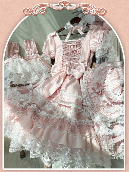 Dress Sweet Lolita Pink Accents High Detachable with Sleeves Bow Waist Princess