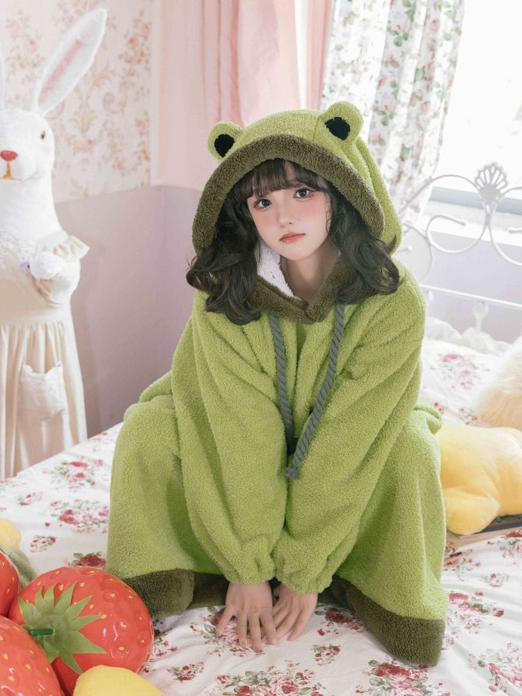 Green Frog Hooded Fleece Pajama Lounge Wear