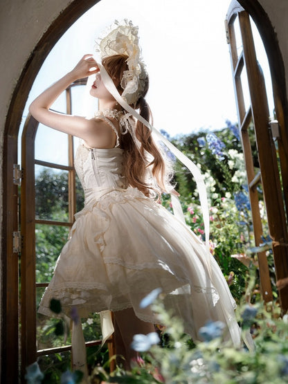 + Top Set Creamy Elegant Balletcore Skirt Lolita High-low Overlay Corset - Boned