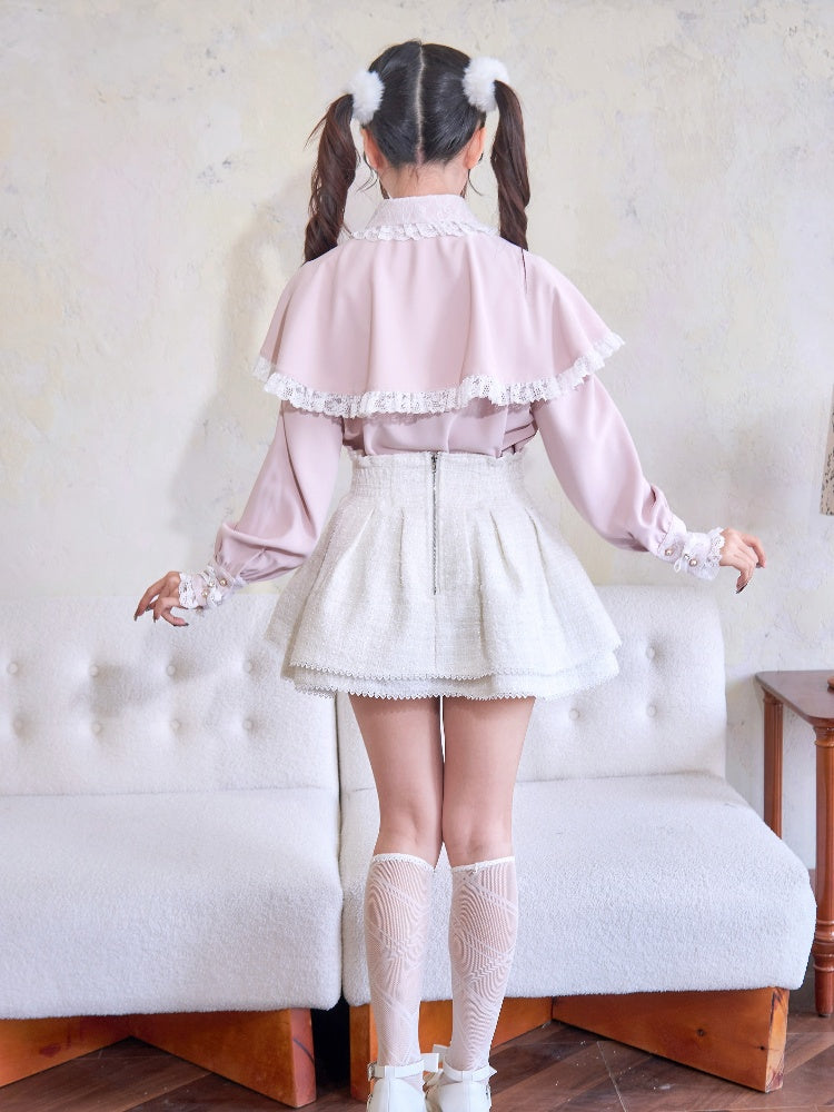 Waist White Jirai Kei Heart Rhinestones High Skirt Tweed