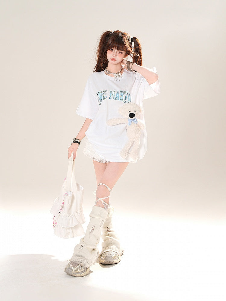 Black/White Round Neck Letter Print T-Shirt with Adorable Bear Plushie