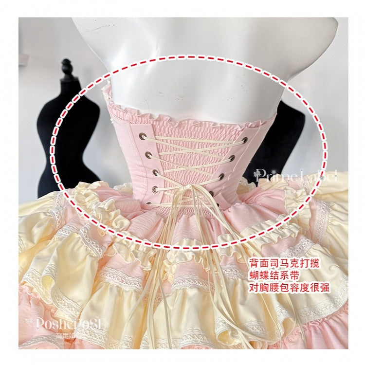 and Boned Ear Bowknot Waist Basque with Pink Skirt Dress Bunny Puffy on Sweet Yellow Design
