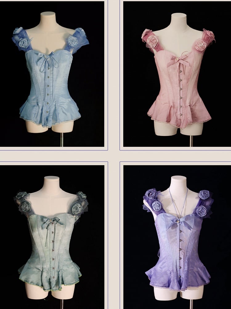 Flounce Green Hem Boned Corset Top with Detachable Floral Adornments
