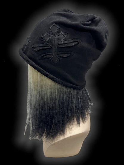 Y2K Schwarze Gothic Kreuz Applikationen Slouchy Beanie