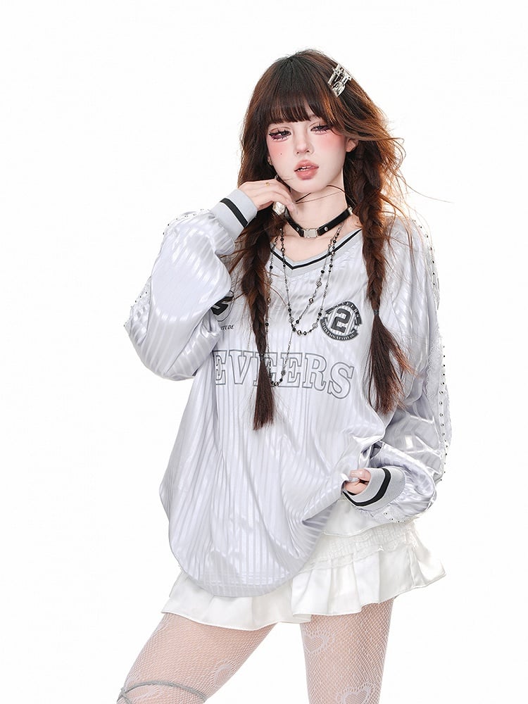 Pink/Gray Striped Pattern V-Neck Loose Sweatshirt