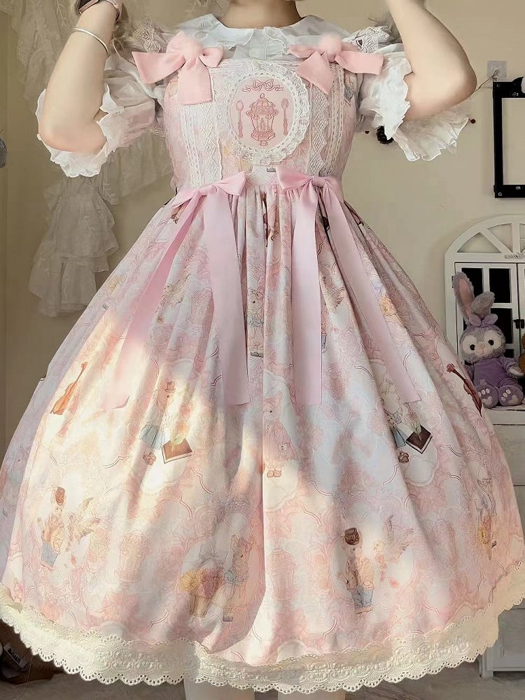 JSK Violin Dress Sweet and Lolita Waist High Bunny Print Pink