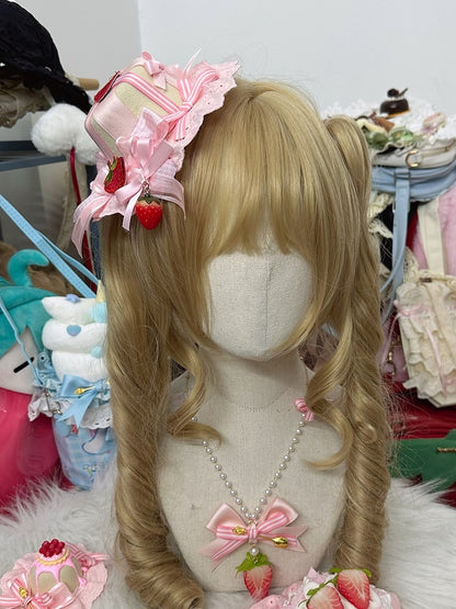 Pink Lolita Sweet Strawberry Ribbon Mini Decoration Hat and with