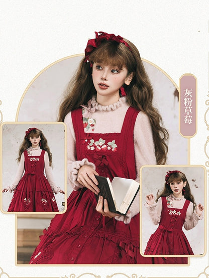 Dusty Autumn Embroidery Strawberry Bowknot Knit on Neckline Top Cuffs Pink