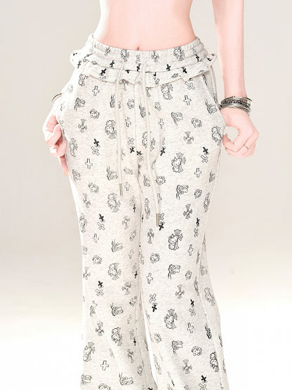 Gray Glamorous Kitty and Cross Print Drawstring Flared Pants Waist