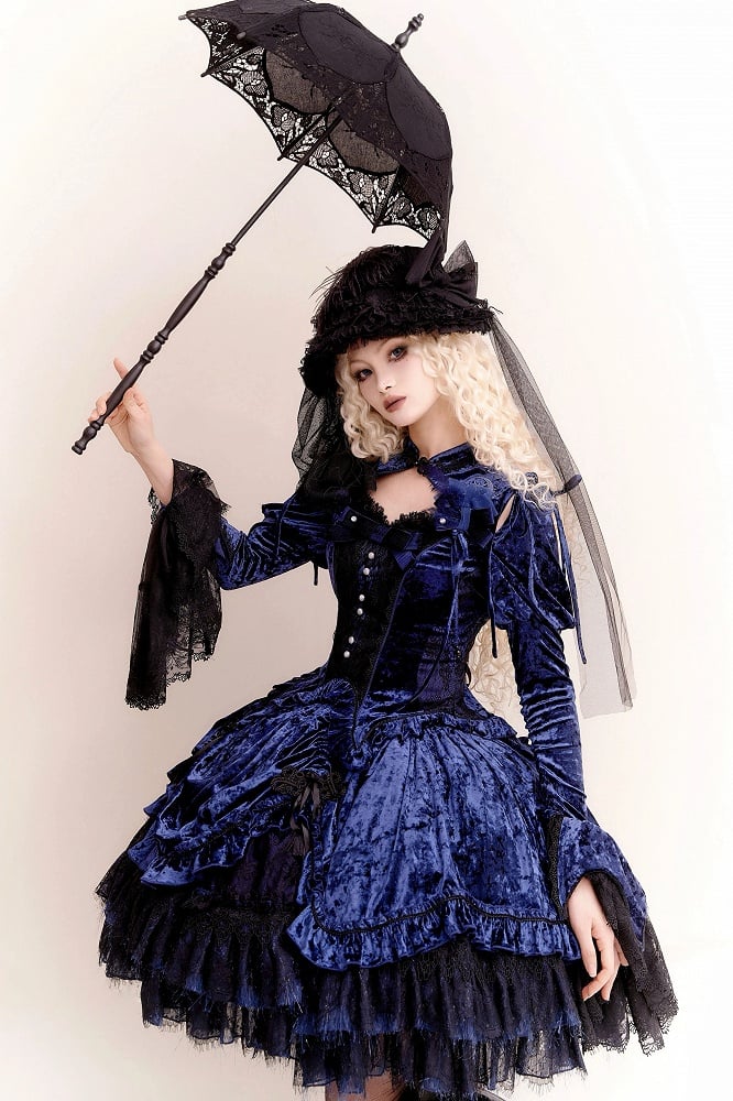 Dark Blue Detachable Long Bell Sleeves Snake Bones Embroidery Velvet Top
