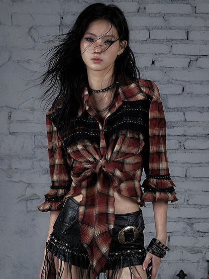 Ödland Hemd Muster Punk Trim Plaid Spitze Rot