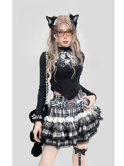 Black Plaid Pattern Lace Trim Tiered  Skirt