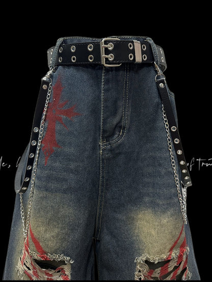 Print Blue Faded Holes Scratch Wash Distressed Wide-leg Denim Shorts