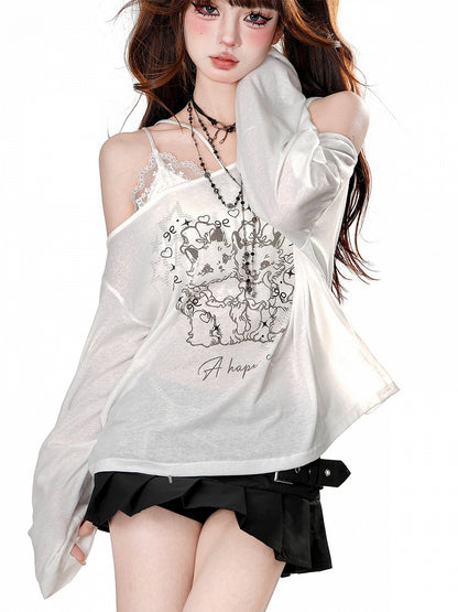 Black/White Kitties Print Asymmetrical Neckline Semi-sheer Long Sleeves Top