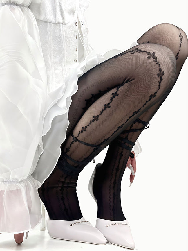 Y2K Straps White/Black Floral Tights Self-tie Pattern