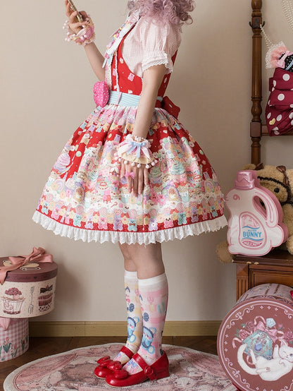 Overall Sweet Desserts Red Gummy Print and Bear Lolita Dress
