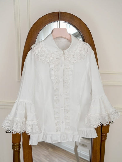 White Round Flat Collar Bell Sleeves Cotton Blouse