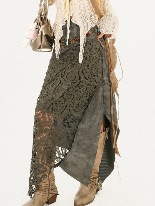 Lace Patchwork Vintage Green Asymmetrical Knit Skirt with Cutout