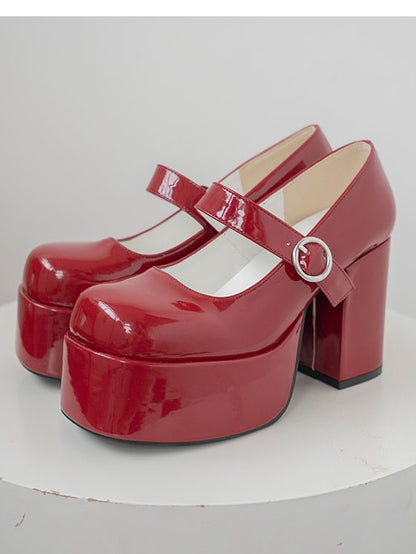 Red Design with Heel Circle Buckle Y2K Block Mary Janes - Platform High Wine