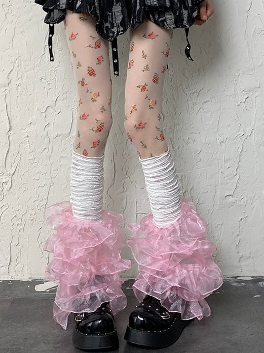 Lace Sleeves Multi-layered Trim Y2K WhitePink Leg