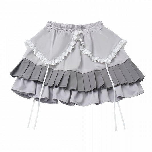 Gray Lace Trim Thigh Length Tiered Skirt