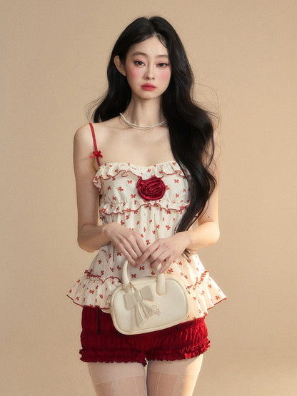 Floral Trim Apricot Ruffled Cami Red Bowknots Print Embellished Top
