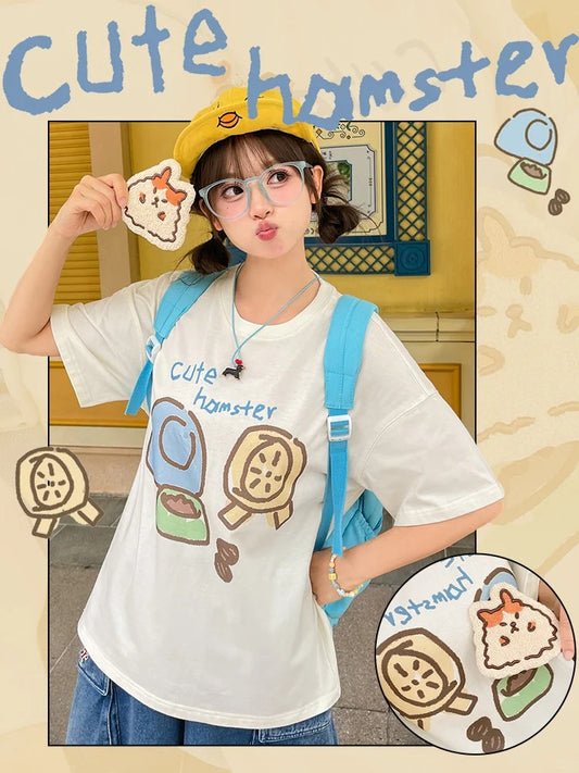 Hamster Applique Loose Beige Round Neck Cute T-Shirt