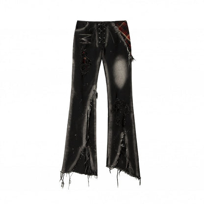 Black Split Cuffs Distressed Flared Jeans with Lace-up
