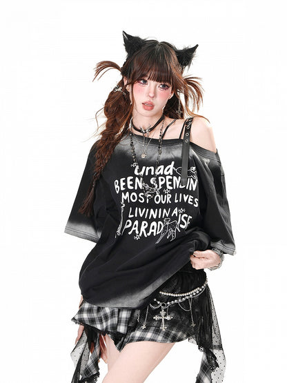 T-shirt Heart Buckle White/Black Loose Asymmetrical Neckline Adorable Puppy Print