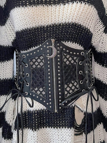 Lace-up Detail Crescent Moon Zip Black Punk Waist Corset Belt