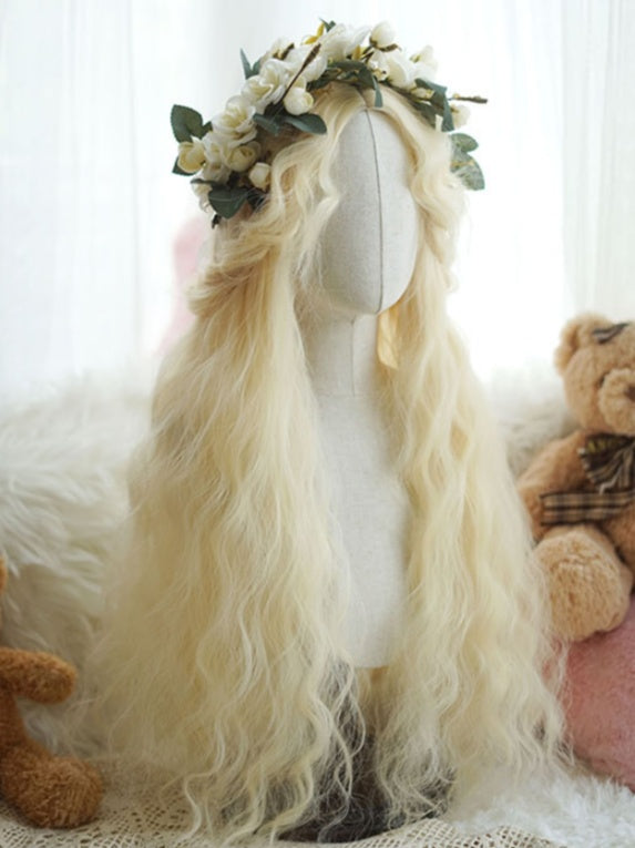Light Blonde Hip Length Curly Wig With Curly Curtain Bangs